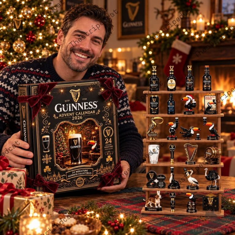 Man holding a 2026 Guinness advent calendar next to a display rack of 24 miniature collectibles from TheStripedcat
