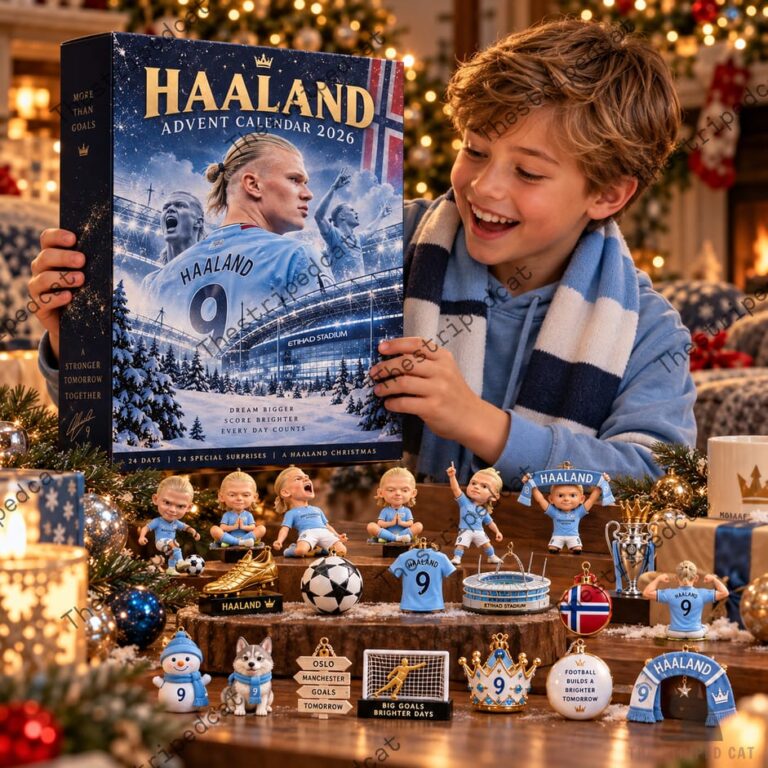 Young boy excited to open the Erling Haaland 2026 advent calendar