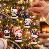 Collection of Milwaukee Brewers Hello Kitty Christmas ornaments on a festive tree