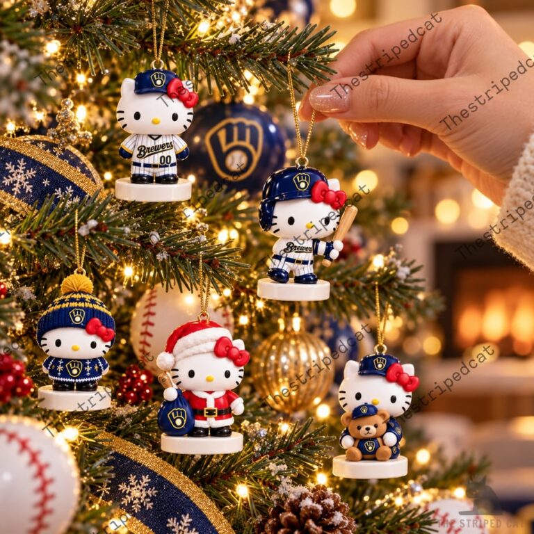 Collection of Milwaukee Brewers Hello Kitty Christmas ornaments on a festive tree