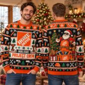 Man wearing a Home Depot themed holiday sweater with festive tools and Santa graphics.