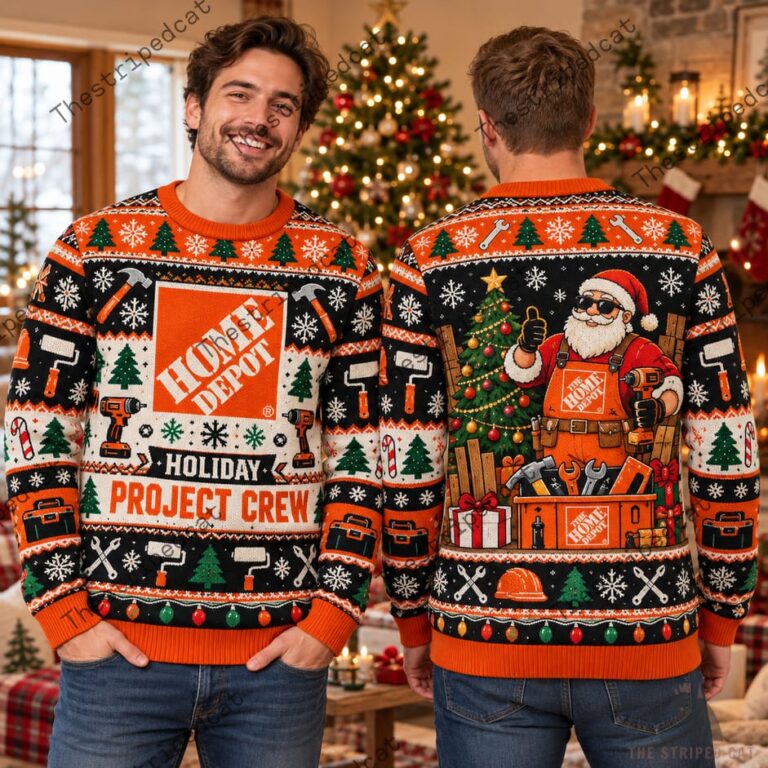 Man wearing a Home Depot themed holiday sweater with festive tools and Santa graphics.
