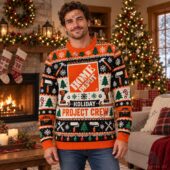 Man wearing a Home Depot holiday sweater in a festive living room