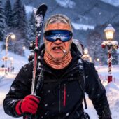 An elderly skier wearing a hyper-realistic face mask with a cigarette in their mouth.