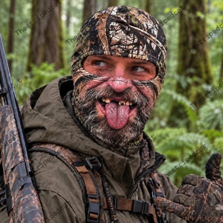 Man wearing a camouflage hunting balaclava in a forest setting