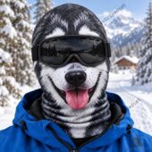 Person wearing a realistic husky dog balaclava with ski goggles in a snowy winter setting
