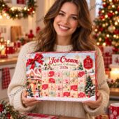 A woman holding a 2026 Ice Cream advent calendar in a holiday setting.