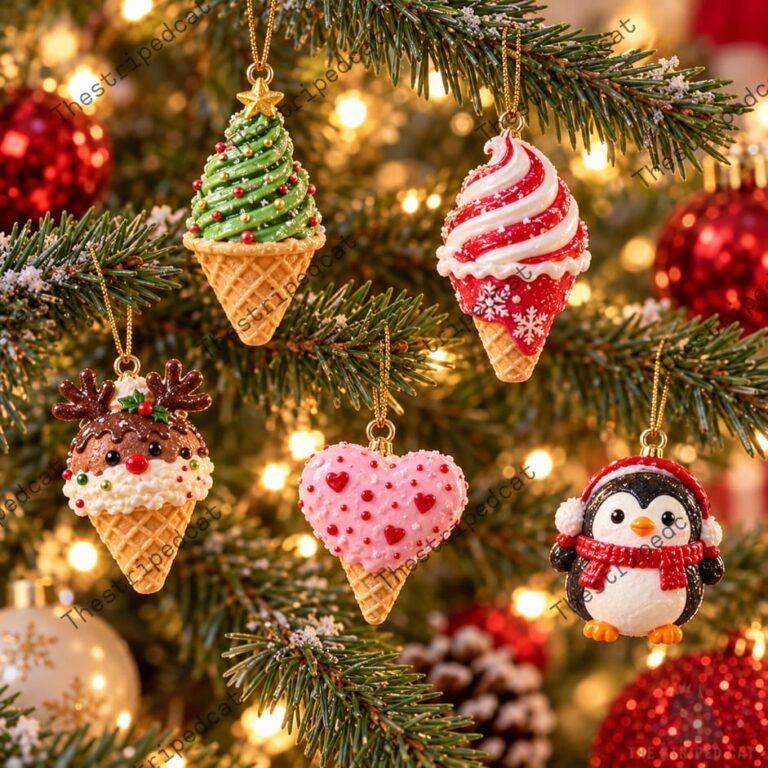 Set of five themed holiday ice cream cone Christmas tree ornaments