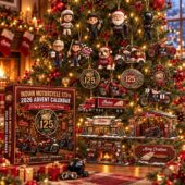 Indian Motorcycle 125th Anniversary Advent Calendar 2026 1 Indian Motorcycle 125th Anniversary advent calendar and themed ornaments displayed on a decorated Christmas tree.