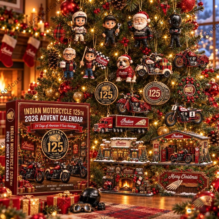 Indian Motorcycle 125th Anniversary Advent Calendar 2026 5 Indian Motorcycle 125th Anniversary advent calendar and themed ornaments displayed on a decorated Christmas tree.