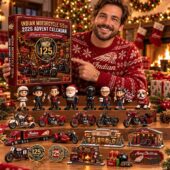 Indian Motorcycle 125th Anniversary Advent Calendar 2026 2 Man holding Indian Motorcycle 125th anniversary advent calendar with miniature figurines.