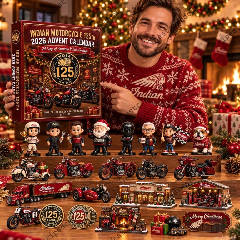 Indian Motorcycle 125th Anniversary Advent Calendar 2026 4 Man holding Indian Motorcycle 125th anniversary advent calendar with miniature figurines.