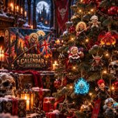 Heavy metal band mascot holiday advent calendar with hanging character ornaments on a Christmas tree.