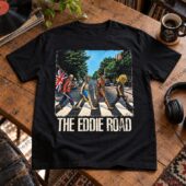 Black t-shirt featuring Iron Maiden's Eddie on a Beatles-inspired crossing