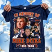 Navy blue t-shirt featuring a tribute graphic of Mike Ditka with Chicago Bears imagery.