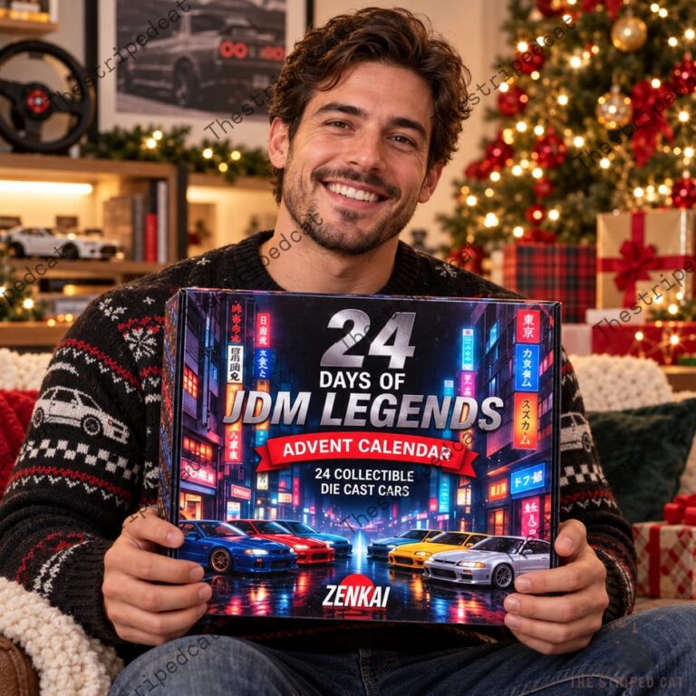Man holding a 24 Days of JDM Legends die-cast car advent calendar from TheStripedcat