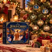 Jesus Christ 24-Day Bible Advent Calendar displayed by a decorated Christmas tree