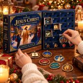 A hand opens a day 15 drawer on a blue Jesus Christ 24-day Bible advent calendar.