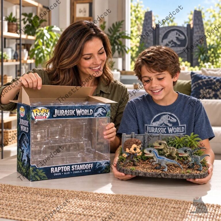 Woman and boy opening a Jurassic World Raptor Standoff collectible set.