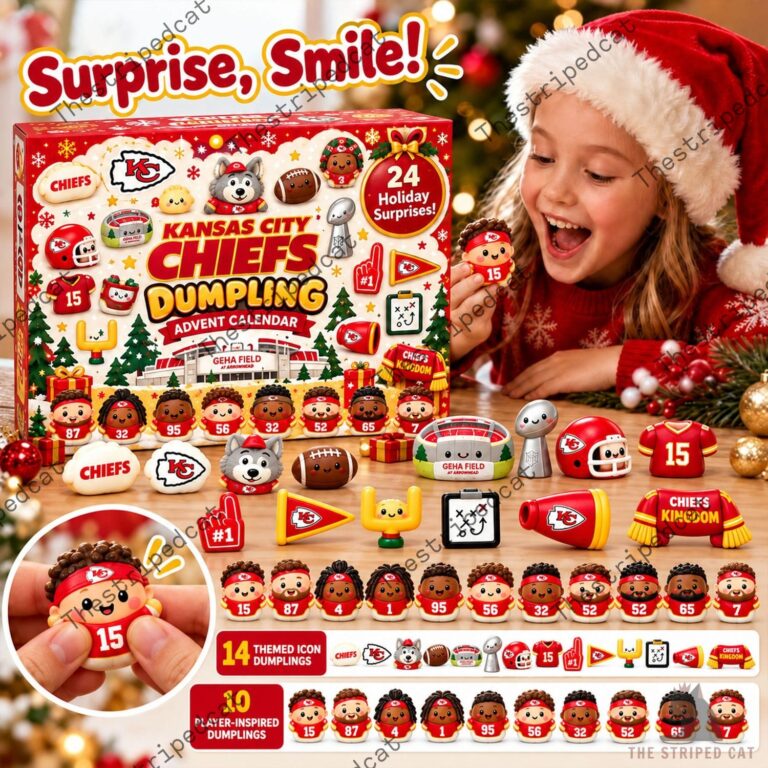 A child opening a Kansas City Chiefs dumpling themed advent calendar from TheStripedcat.