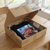 Lego One Piece Poster Shirt 1 Black t-shirt with One Piece anime graphic inside a shipping box from TheStripedcat
