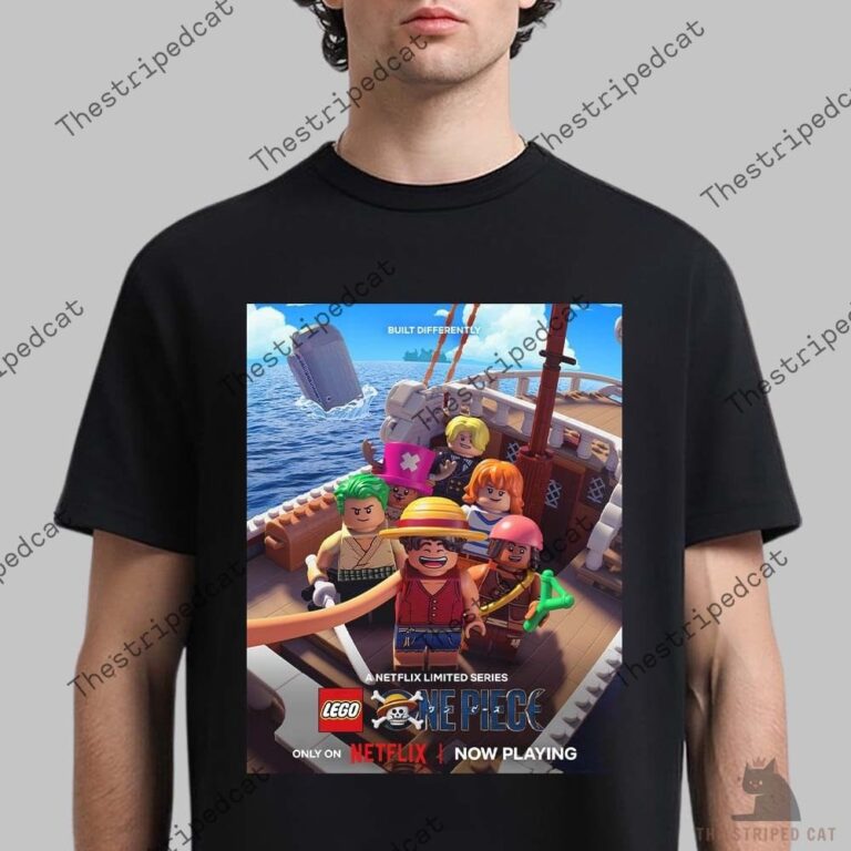 Lego One Piece Poster Shirt 4 Person wearing a black t-shirt with a Lego One Piece Netflix graphic