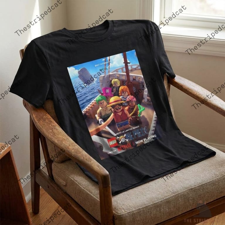 Lego One Piece Poster Shirt 3 Black t-shirt featuring a Lego One Piece graphic design.