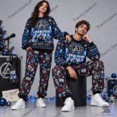 Linkin Park One More Light Christmas Sweater and Jogger Pants Set 1 Couple wearing Linkin Park One More Light Christmas-themed matching loungewear sets