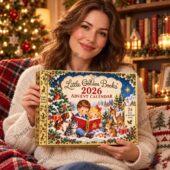 Woman holding a 2026 Little Golden Books advent calendar in a cozy holiday setting