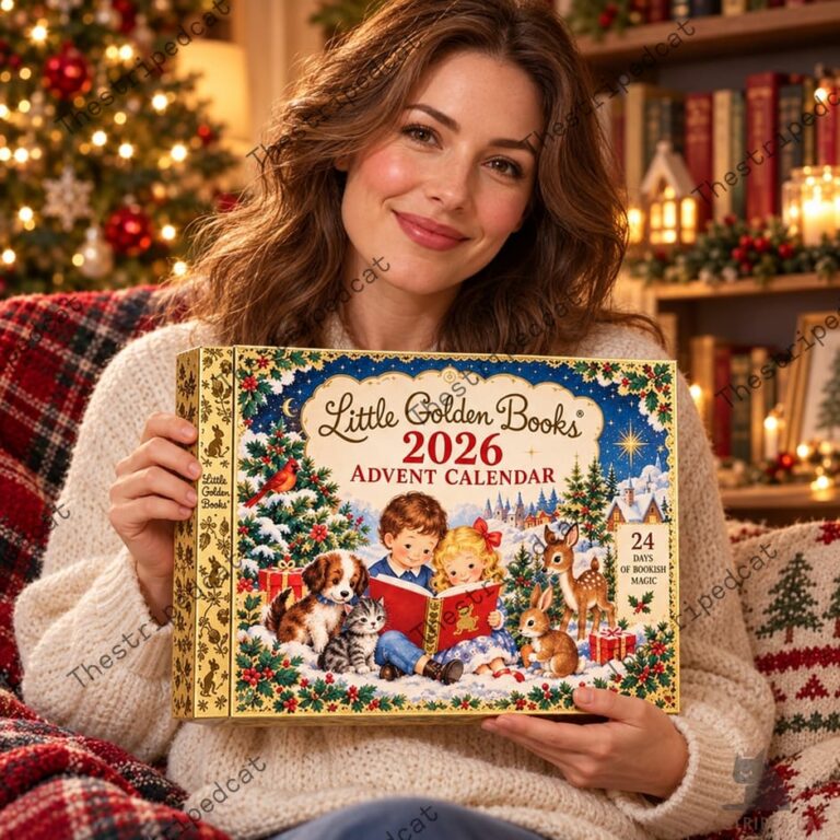 Woman holding a 2026 Little Golden Books advent calendar in a cozy holiday setting