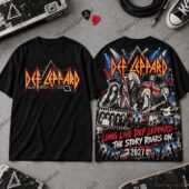 Long Live Def Leppard The Story Roars On 2027 Shirt 3 Front and back view of a black Def Leppard band t-shirt