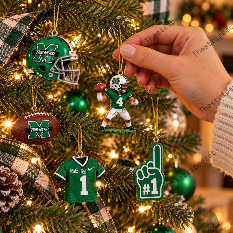 Marshall Thundering Herd college football ornaments on a Christmas tree