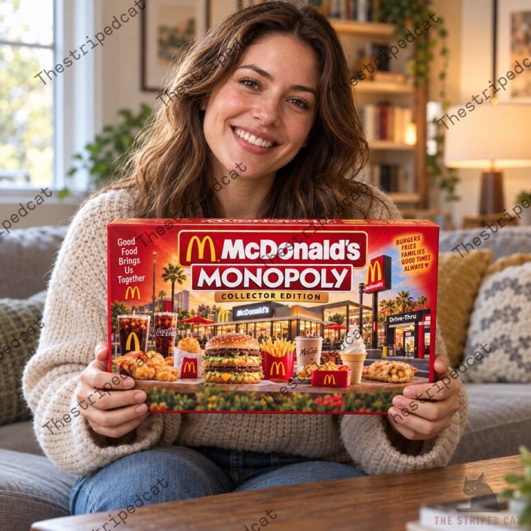 Woman holding McDonald's Monopoly Collector Edition board game