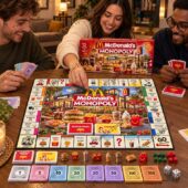 Group of friends playing McDonald's Monopoly Collector Edition board game
