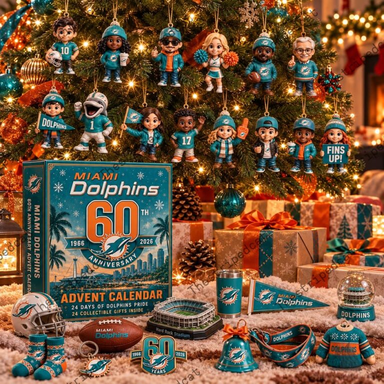 Miami Dolphins 60th anniversary advent calendar with collectible ornaments and merchandise from TheStripedcat.
