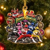 Mighty Morphin Power Rangers Christmas tree ornament featuring the team and Zord emblems.