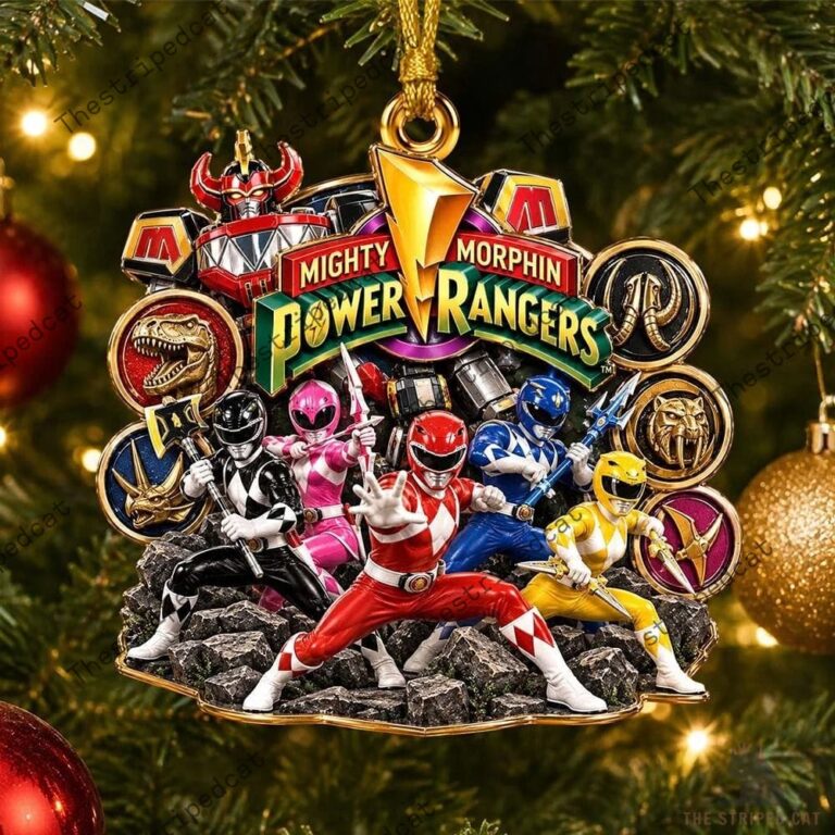 Mighty Morphin Power Rangers Christmas tree ornament featuring the team and Zord emblems.