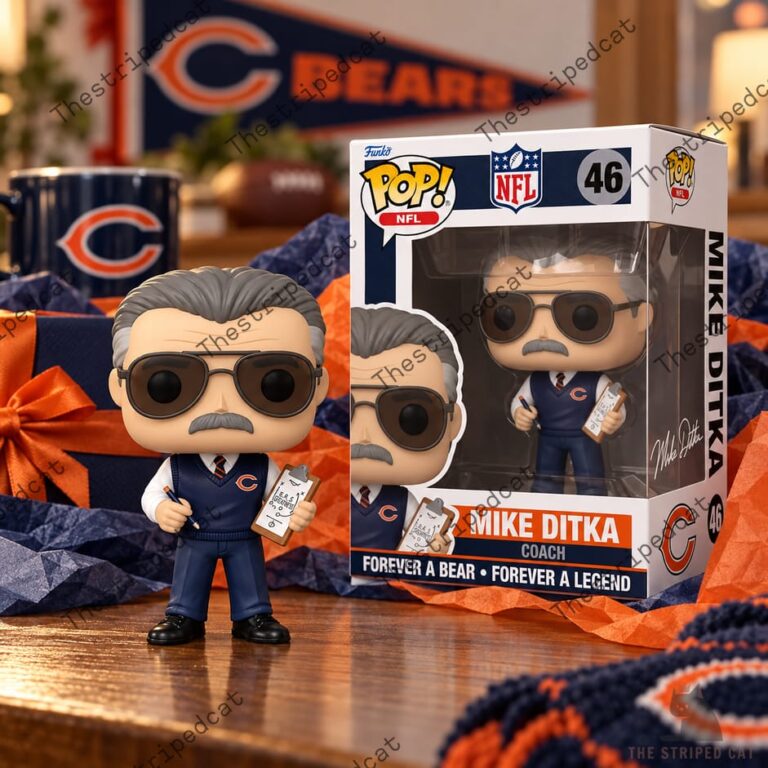 Mike Ditka collectible figurine on a wooden surface with Chicago Bears decor