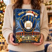 Person holding a 2026 Brew Crew Holiday Countdown Calendar featuring a baseball glove and stadium graphic.