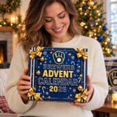 A woman holding a Milwaukee Brewers 2026 Christmas advent calendar from TheStripedcat.