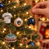 Milwaukee Brewers Advent Calendar 2026 3 Hand hanging a Milwaukee Brewers themed Christmas ornament on a tree.