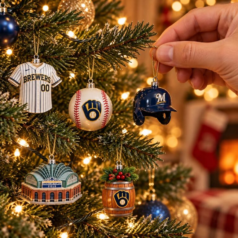 Milwaukee Brewers Advent Calendar 2026 4 Hand hanging a Milwaukee Brewers themed Christmas ornament on a tree.