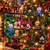 Monster Energy x Hunter x Hunter 2026 advent calendar displayed on a decorated Christmas tree with character ornaments.