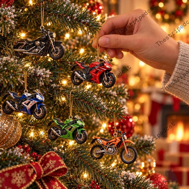 Hand holding a miniature motorcycle ornament hanging on a decorated Christmas tree