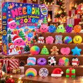 NeeDoh 2026 Advent Calendar featuring 24 sensory toys displayed on a wooden stand.