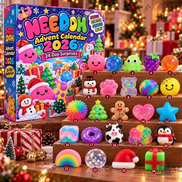 NeeDoh 2026 Advent Calendar featuring 24 sensory toys displayed on a wooden stand.