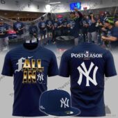 New York Yankees 2026 postseason apparel set including two navy blue shirts and a matching baseball cap from TheStripedcat.