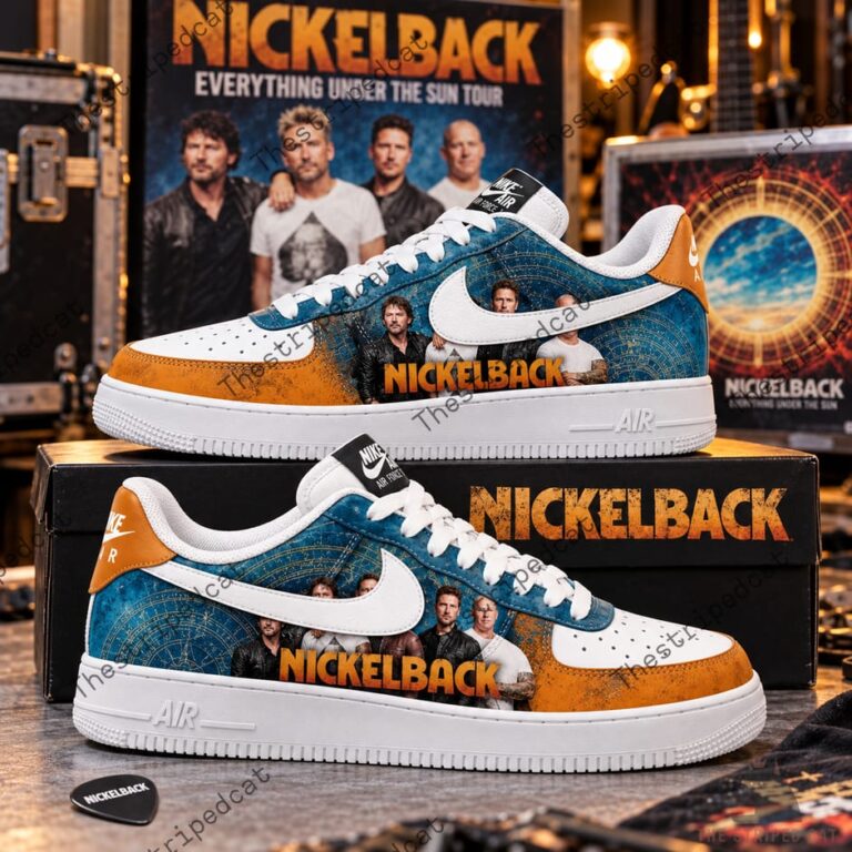 Nickelback Everything Under the Sun Tour 2026 Air Force 1 Sneaker 5 Custom Nickelback themed sneakers on a black box