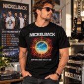 Man wearing a black Nickelback concert t-shirt featuring the Everything Under The Sun tour graphic.