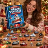 Woman holding a Christmas Ocean Vehicles Advent Calendar from TheStripedcat surrounded by 24 small ship ornaments.